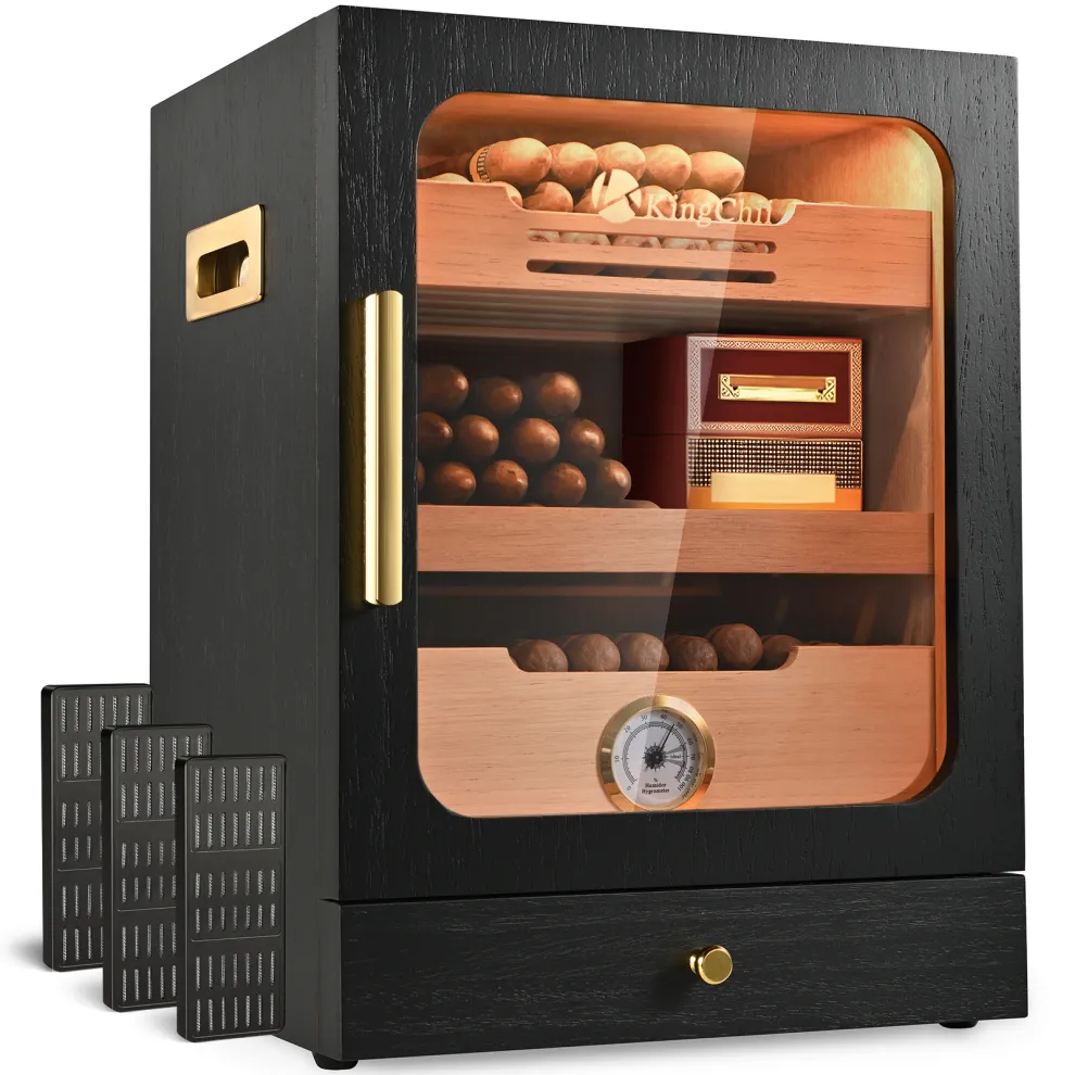 kingchii cigar humidor, light control system with spanish cedar wood drawer, hygrometer, 3 humidifiers and cigar accessories drawer, for men, holds 100 cigars (black)