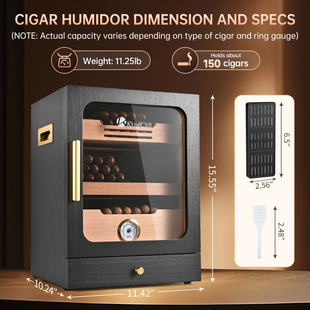 kingchii cigar humidor, light control system with spanish cedar wood drawer, hygrometer, 3 humidifiers and cigar accessories drawer, for men, holds 100 cigars (black)