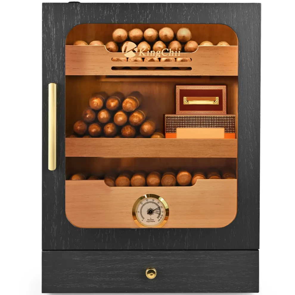 kingchii cigar humidor, light control system with spanish cedar wood drawer, hygrometer, 3 humidifiers and cigar accessories drawer, for men, holds 100 cigars (black)