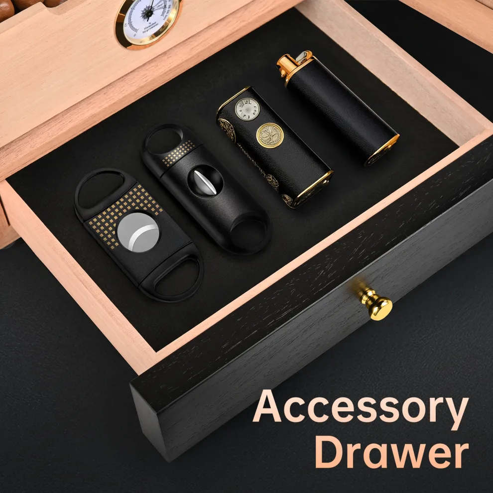kingchii cigar humidor, light control system with spanish cedar wood drawer, hygrometer, 3 humidifiers and cigar accessories drawer, for men, holds 100 cigars (black)