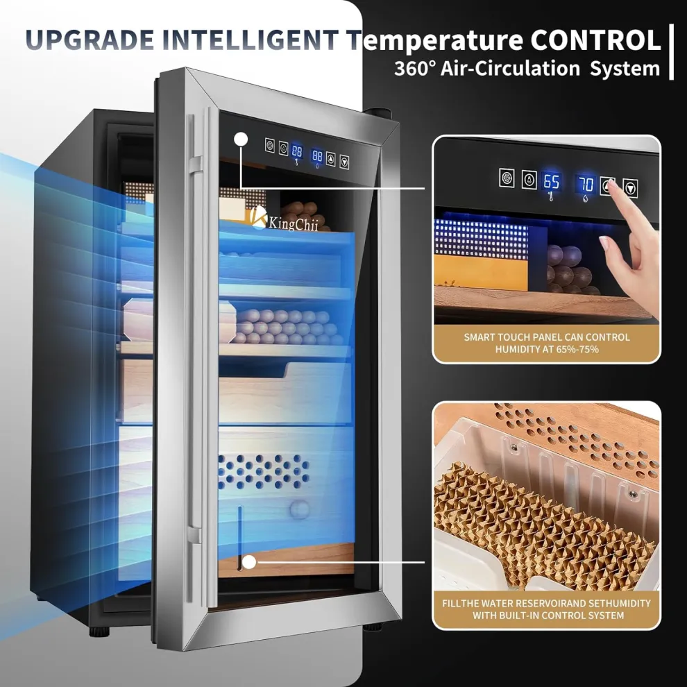 kingchii® upgrade 43l electric cigar humidor temperature & humidity control, built in humidification system with spanish cedar wood shelf & drawer hygrometer father's day gifts (315 capacity)