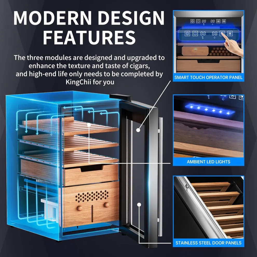 kingchii® upgrade 43l electric cigar humidor temperature & humidity control, built in humidification system with spanish cedar wood shelf & drawer hygrometer father's day gifts (315 capacity)