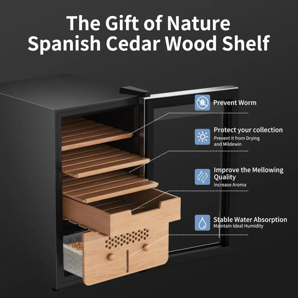 kingchii® upgrade 43l electric cigar humidor temperature & humidity control, built in humidification system with spanish cedar wood shelf & drawer hygrometer father's day gifts (315 capacity)
