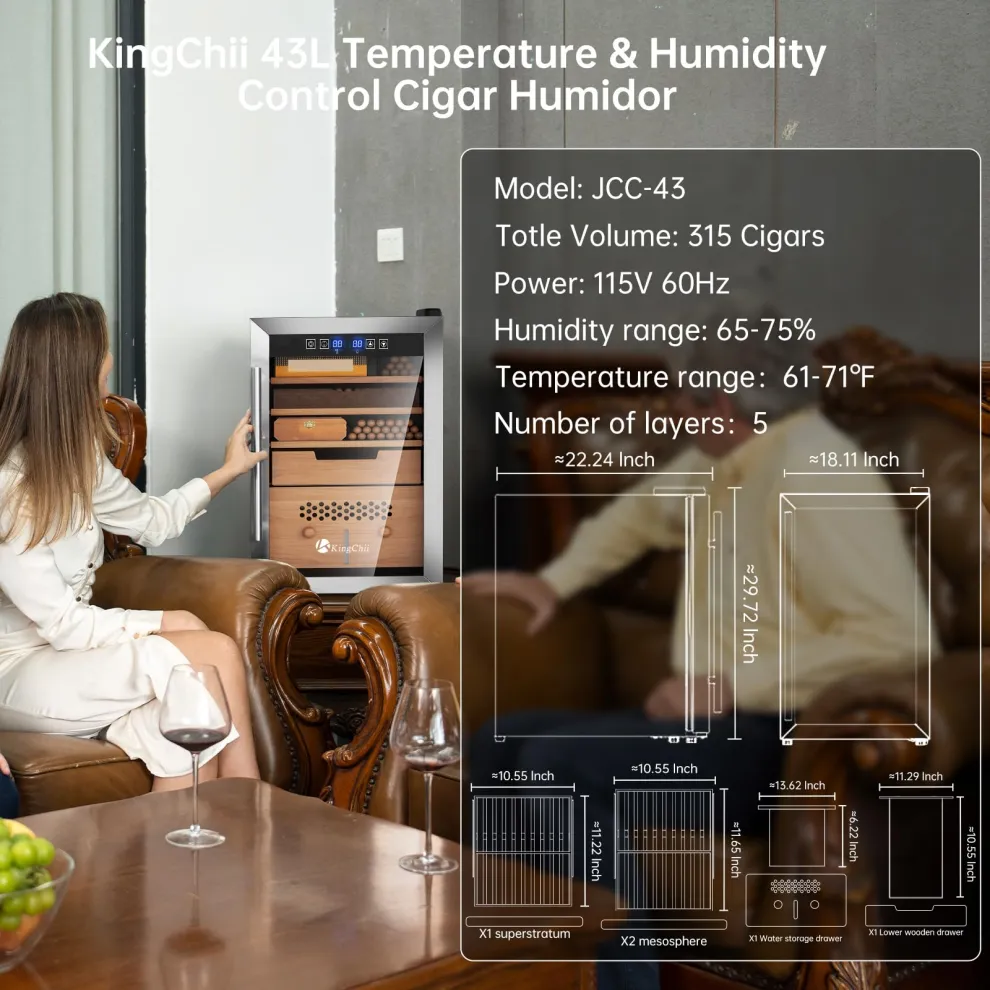 kingchii® upgrade 43l electric cigar humidor temperature & humidity control, built in humidification system with spanish cedar wood shelf & drawer hygrometer father's day gifts (315 capacity)