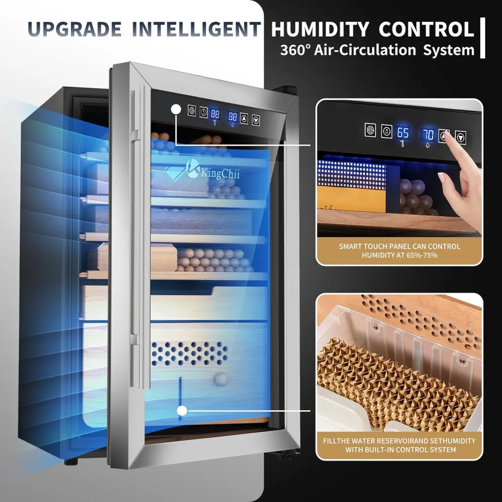 kingchii® upgrade 70l electric temperature & humidity control cigar humidor, built in humidification system with spanish cedar wood shelves & drawer hygrometer father's day gifts for men(486 capacity)