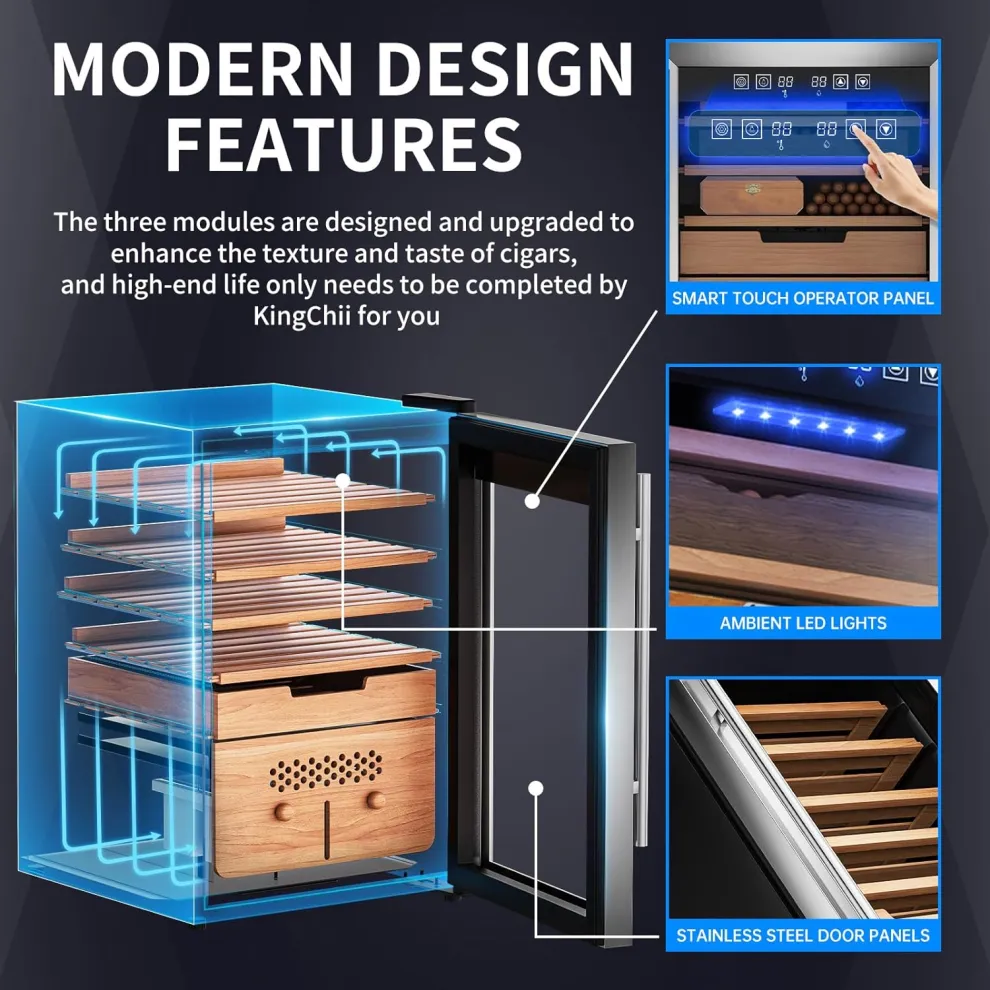 kingchii® upgrade 70l electric temperature & humidity control cigar humidor, built in humidification system with spanish cedar wood shelves & drawer hygrometer father's day gifts for men(486 capacity)