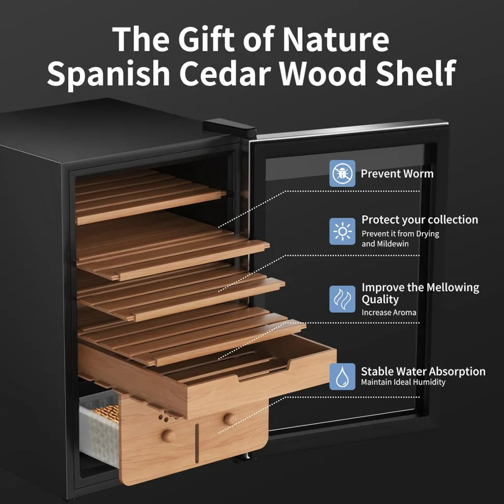 kingchii® upgrade 70l electric temperature & humidity control cigar humidor, built in humidification system with spanish cedar wood shelves & drawer hygrometer father's day gifts for men(486 capacity)