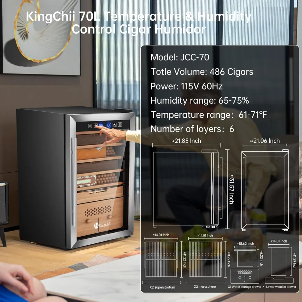 kingchii® upgrade 70l electric temperature & humidity control cigar humidor, built in humidification system with spanish cedar wood shelves & drawer hygrometer father's day gifts for men(486 capacity)