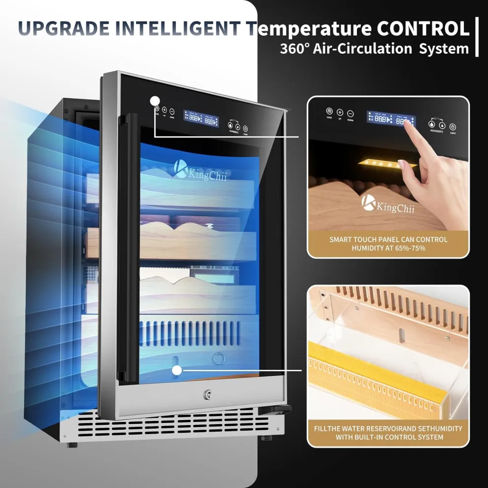 kingchii® upgrade 145l electric cigar humidor temperature & humidity control, built in humidification system with spanish cedar wood shelves & drawer hygrometer father's day gifts for men(650 capacity)