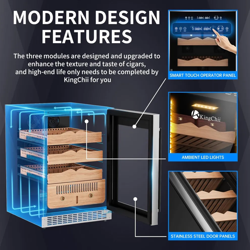 kingchii® upgrade 145l electric cigar humidor temperature & humidity control, built in humidification system with spanish cedar wood shelves & drawer hygrometer father's day gifts for men(650 capacity)