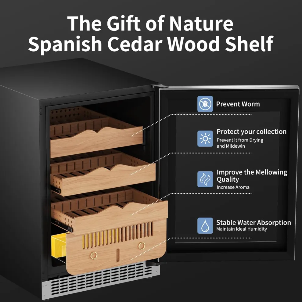 kingchii® upgrade 145l electric cigar humidor temperature & humidity control, built in humidification system with spanish cedar wood shelves & drawer hygrometer father's day gifts for men(650 capacity)