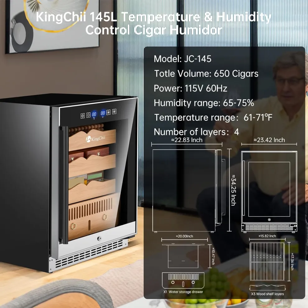 kingchii® upgrade 145l electric cigar humidor temperature & humidity control, built in humidification system with spanish cedar wood shelves & drawer hygrometer father's day gifts for men(650 capacity)