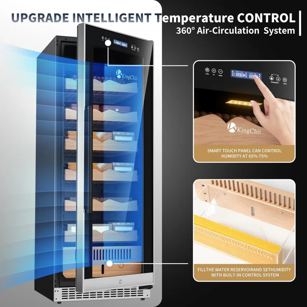 kingchii® upgrade 375l electric cigar humidor temperature & humidity control, built in humidification system with spanish cedar wood shelves & drawer hygrometer father's day gift for men(1875 capacity)