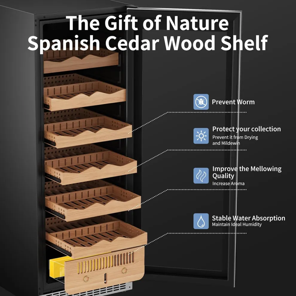 kingchii® upgrade 375l electric cigar humidor temperature & humidity control, built in humidification system with spanish cedar wood shelves & drawer hygrometer father's day gift for men(1875 capacity)