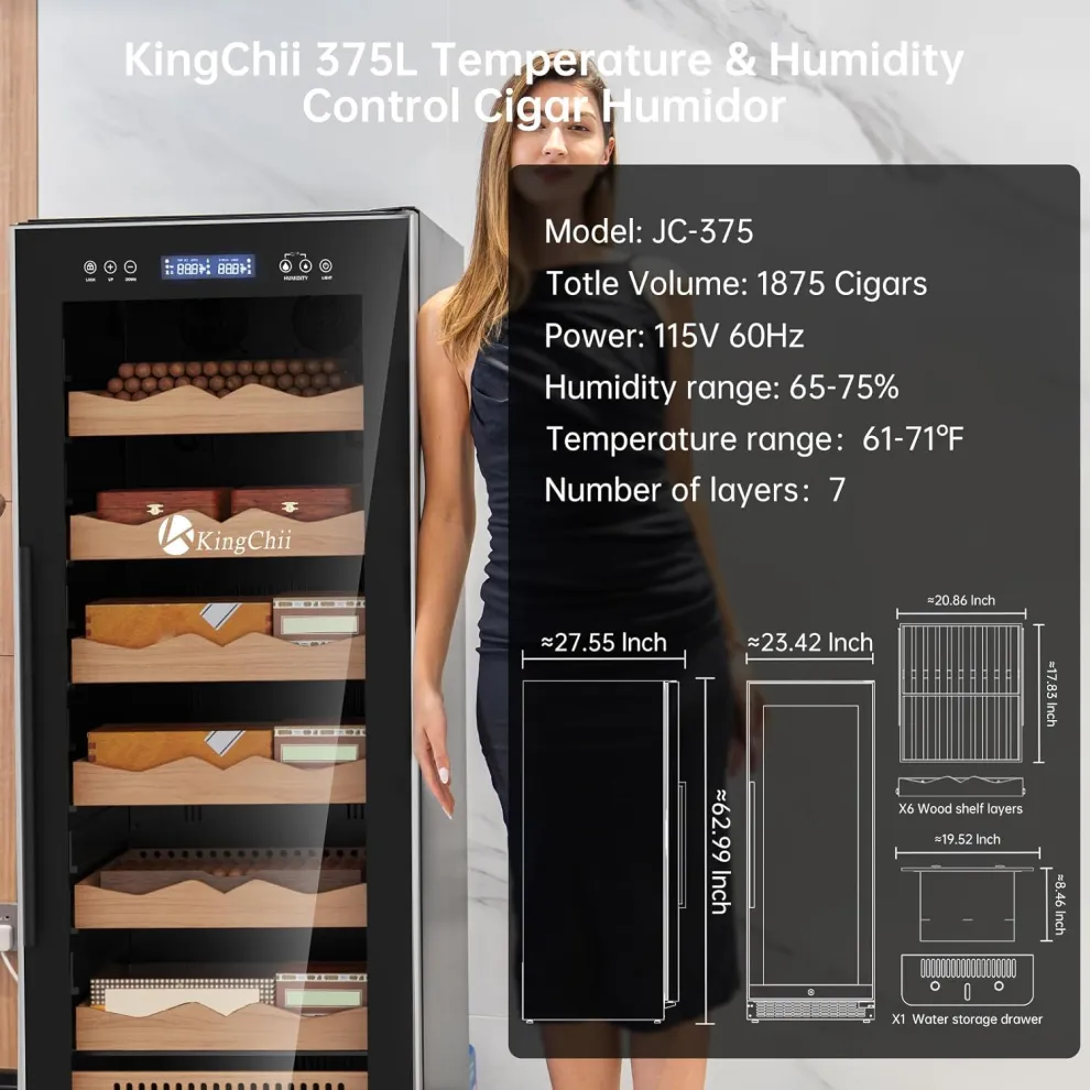 kingchii® upgrade 375l electric cigar humidor temperature & humidity control, built in humidification system with spanish cedar wood shelves & drawer hygrometer father's day gift for men(1875 capacity)