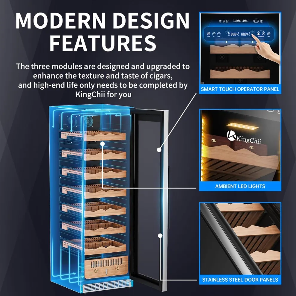 kingchii® upgrade 425l electric cigar humidor temperature & humidity control, built in humidification system with spanish cedar wood shelves & drawer hygrometer father's day gift for men(2200 capacity)