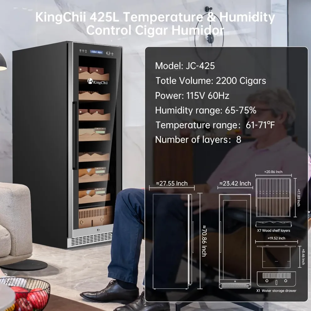 kingchii® upgrade 425l electric cigar humidor temperature & humidity control, built in humidification system with spanish cedar wood shelves & drawer hygrometer father's day gift for men(2200 capacity)