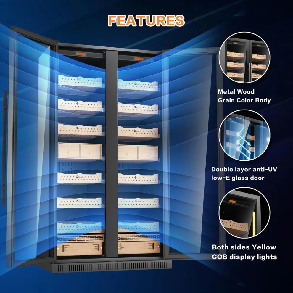 kingchii® 860l humidor 5000 cigars, temperature & humidity control ,double layer anti uv low e stainless frame & glass double door, led digital temperature & humidity display, spanish cedar wood shelves & humidity box.