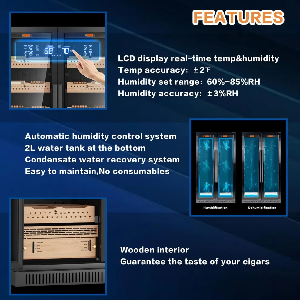 kingchii® 860l humidor 5000 cigars, temperature & humidity control ,double layer anti uv low e stainless frame & glass double door, led digital temperature & humidity display, spanish cedar wood shelves & humidity box.