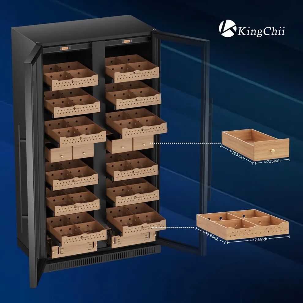 kingchii® 860l humidor 5000 cigars, temperature & humidity control ,double layer anti uv low e stainless frame & glass double door, led digital temperature & humidity display, spanish cedar wood shelves & humidity box.