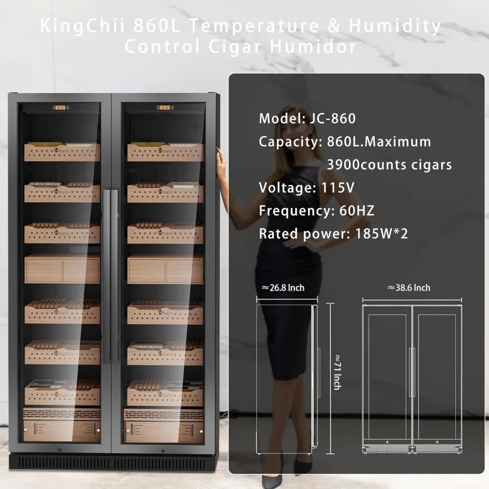 kingchii® 860l humidor 5000 cigars, temperature & humidity control ,double layer anti uv low e stainless frame & glass double door, led digital temperature & humidity display, spanish cedar wood shelves & humidity box.