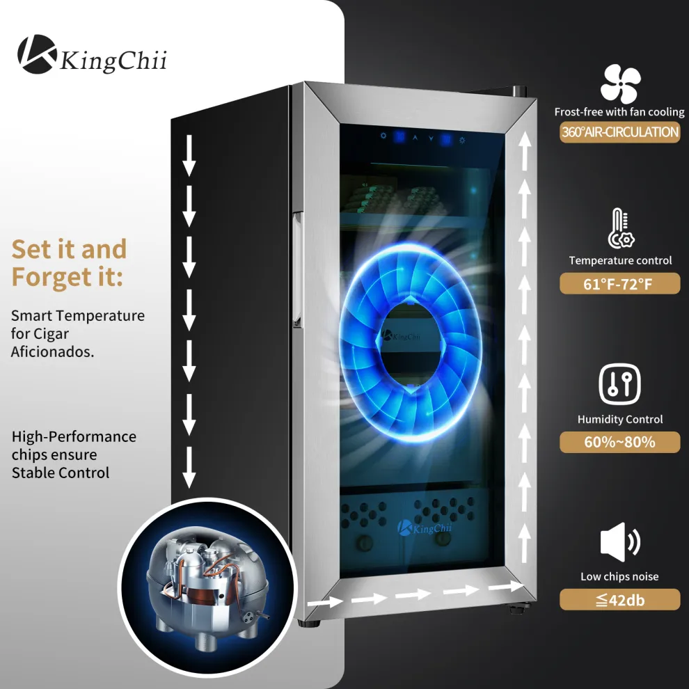 kingchii upgrade 50l electric cigar humidor, compressor temperature (64 72℉) & humidity (60% 84%) control, with spanish cedar wood shelves & drawer, gifts for men (400 cigars)