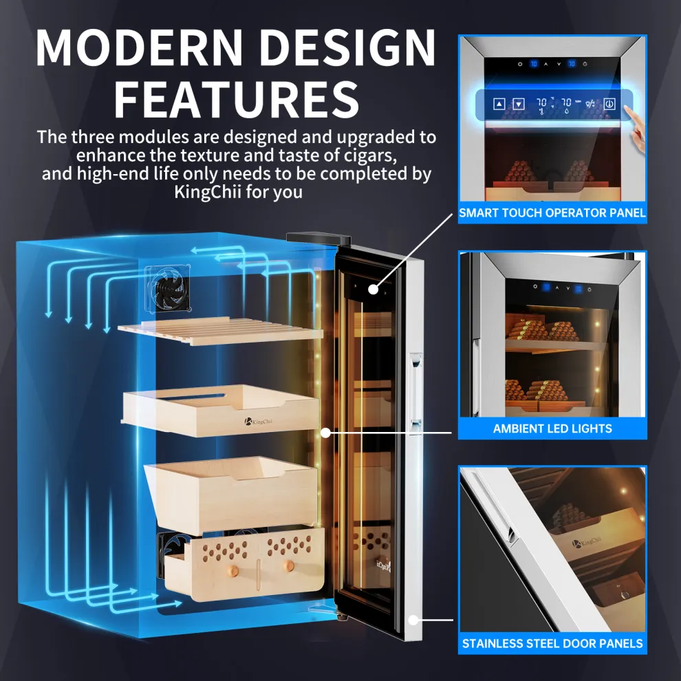 kingchii upgrade 50l electric cigar humidor, compressor temperature (64 72℉) & humidity (60% 84%) control, with spanish cedar wood shelves & drawer, gifts for men (400 cigars)