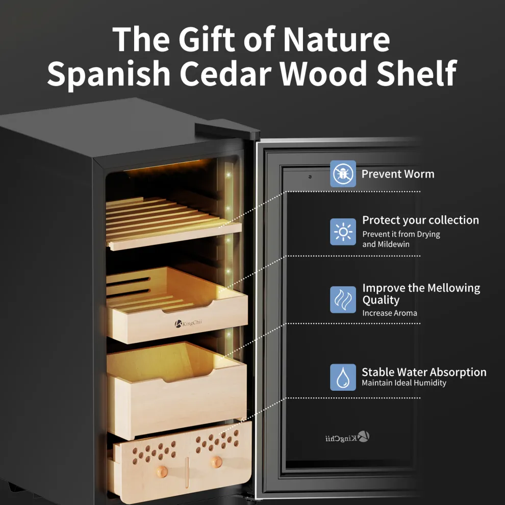 kingchii upgrade 50l electric cigar humidor, compressor temperature (64 72℉) & humidity (60% 84%) control, with spanish cedar wood shelves & drawer, gifts for men (400 cigars)
