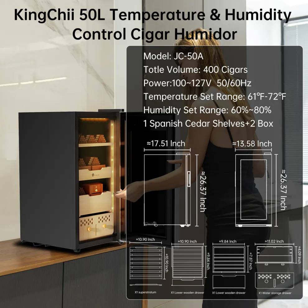 kingchii upgrade 50l electric cigar humidor, compressor temperature (64 72℉) & humidity (60% 84%) control, with spanish cedar wood shelves & drawer, gifts for men (400 cigars)