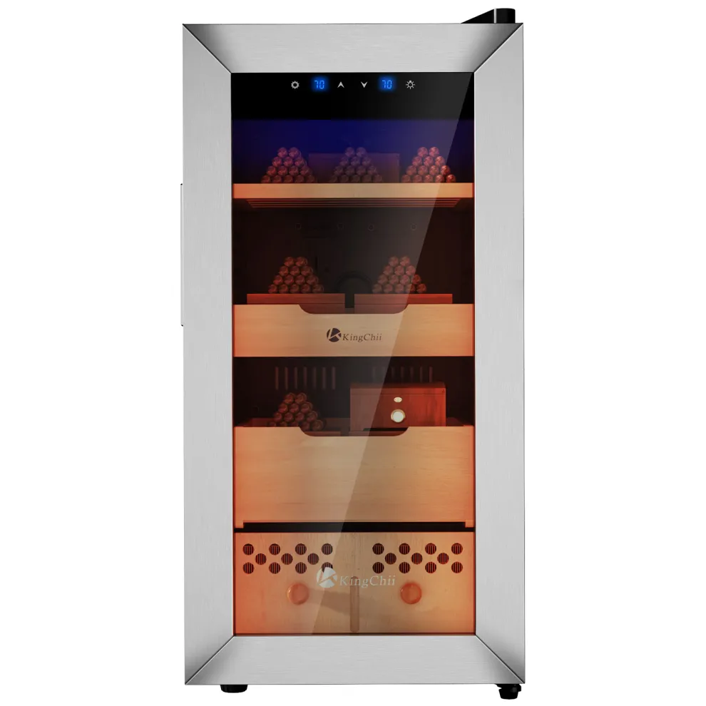 kingchii upgrade 50l electric cigar humidor, compressor temperature (64 72℉) & humidity (60% 84%) control, with spanish cedar wood shelves & drawer, gifts for men (400 cigars)